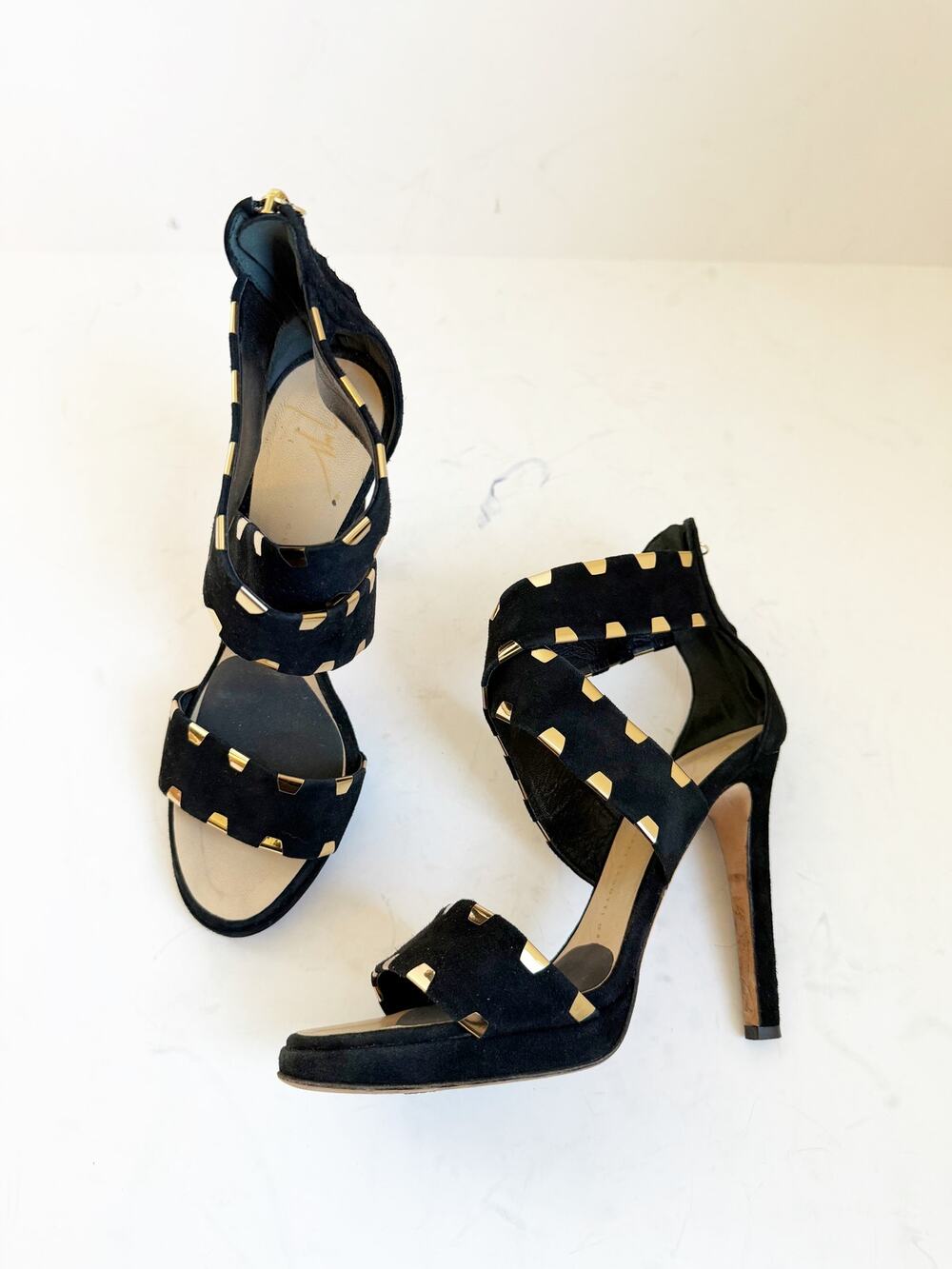 Giuseppe Zanotti Black Suede Cross Ankle Strap Sandals Gold 38.5